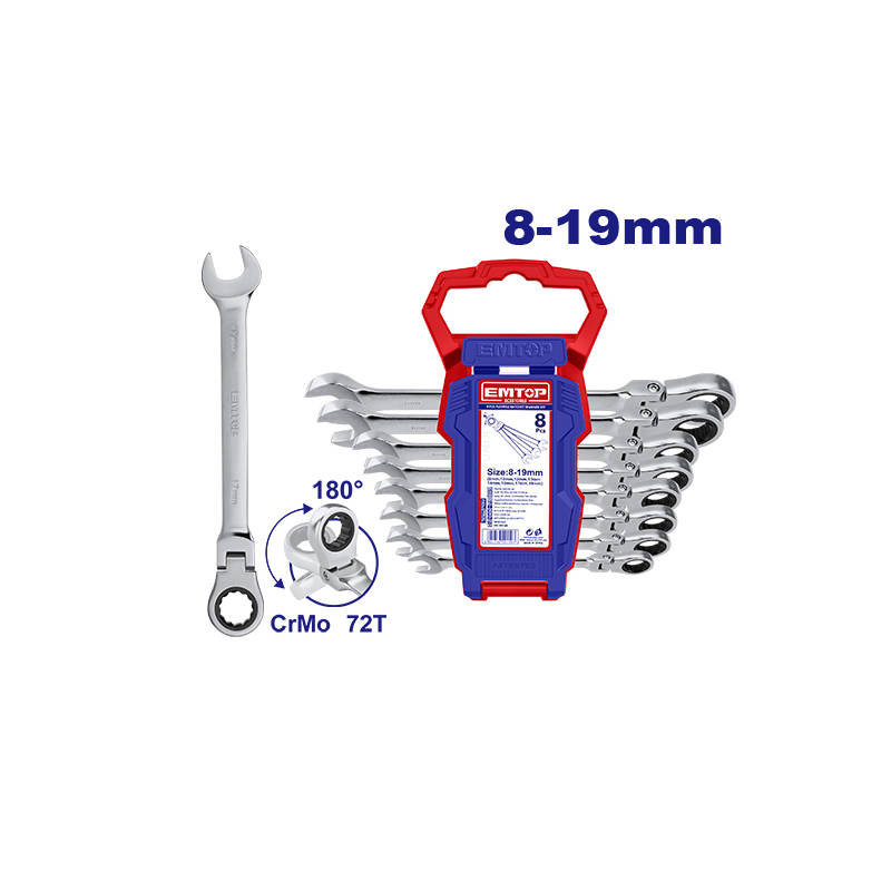 Jogo de Chave Combinada com Catraca de Boca (Flexível) 8pçs