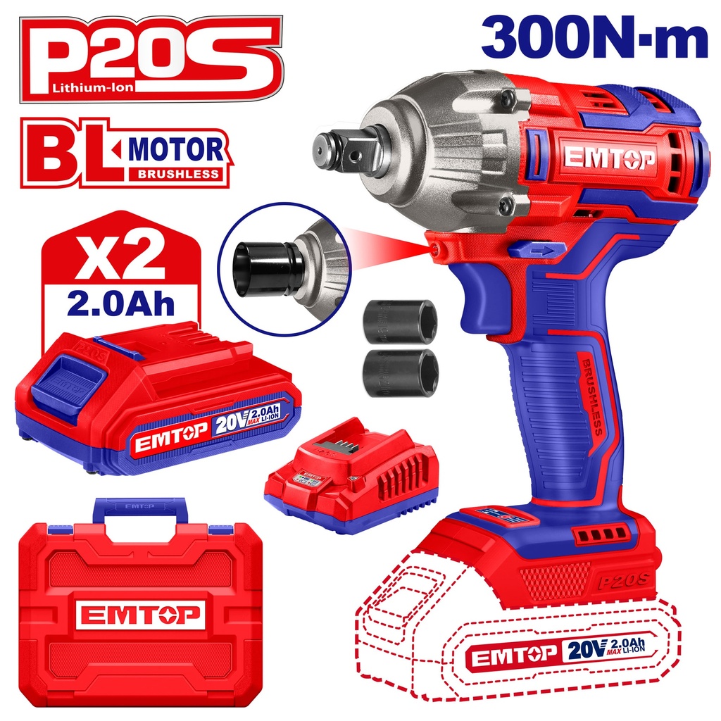 Chave de Impacto a Bateria 1/2" 20v c/ 2bat -  300nm - Motor Brushless
