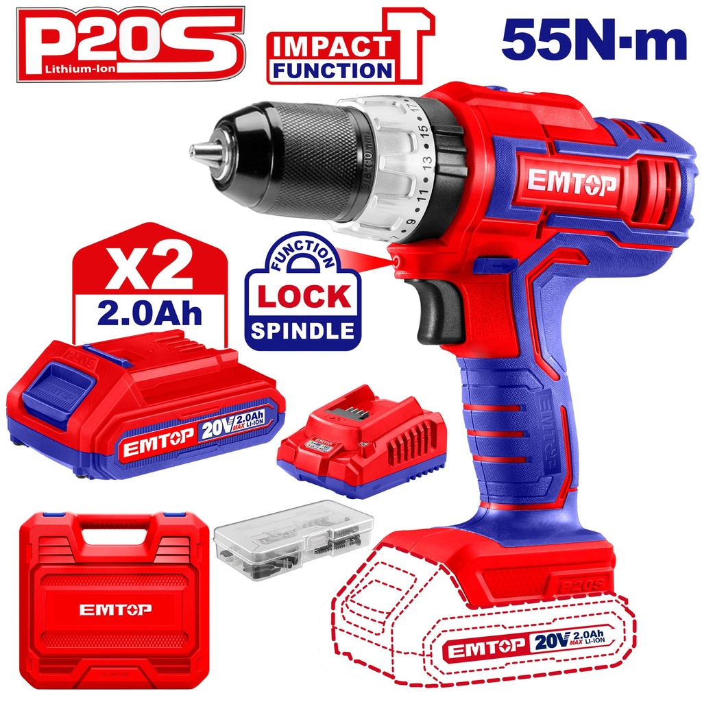 Parafusadeira a Bateria de Impacto 20v, 55NM, com 50 Peças de Acessórios