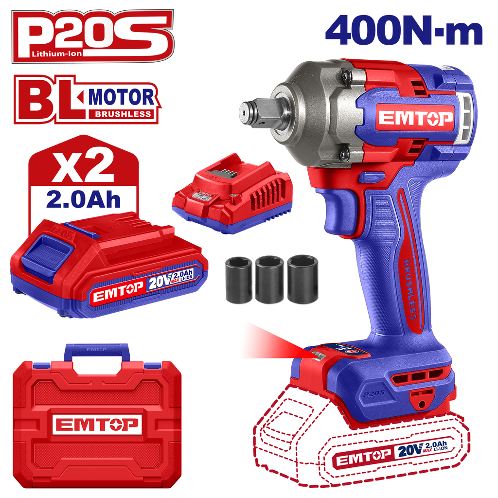 Chave de impacto a bateria c/ 2 bat 400 NM 1/2" motor Brushless  