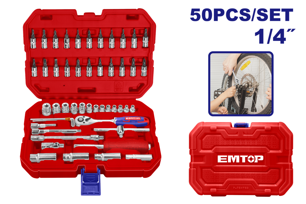 Kit soquete 50pcs 1/4"	"Conjunto de soquetes EMTOP 50 peças 1/4""