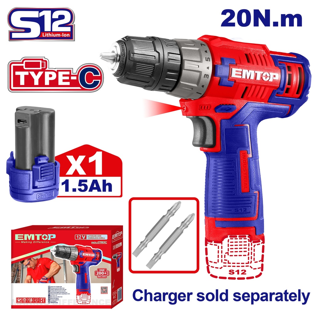 Parafusadeira 12V 20Nm - USB-C e Bateria 1,5Ah   