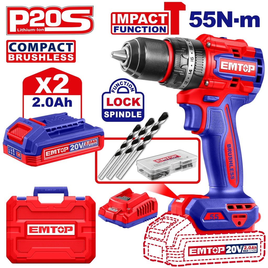 Parafusadeira de Impacto Brushless 55Nm 20V - Kit com 2 Baterias 2,0Ah e 47 Acessórios
