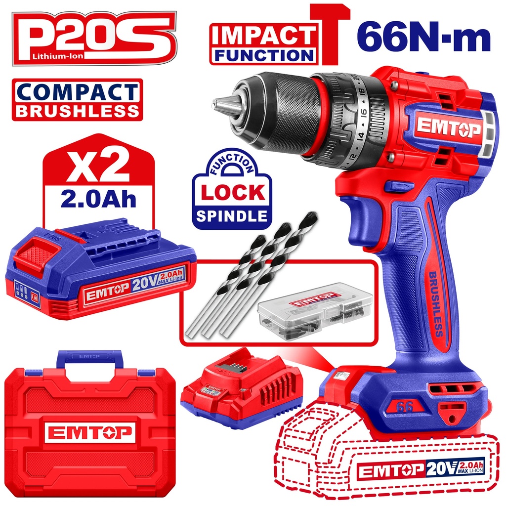 Parafusadeira de Impacto Brushless 66Nm 20V - Kit com 2 Baterias 2,0Ah e 47 Acessório