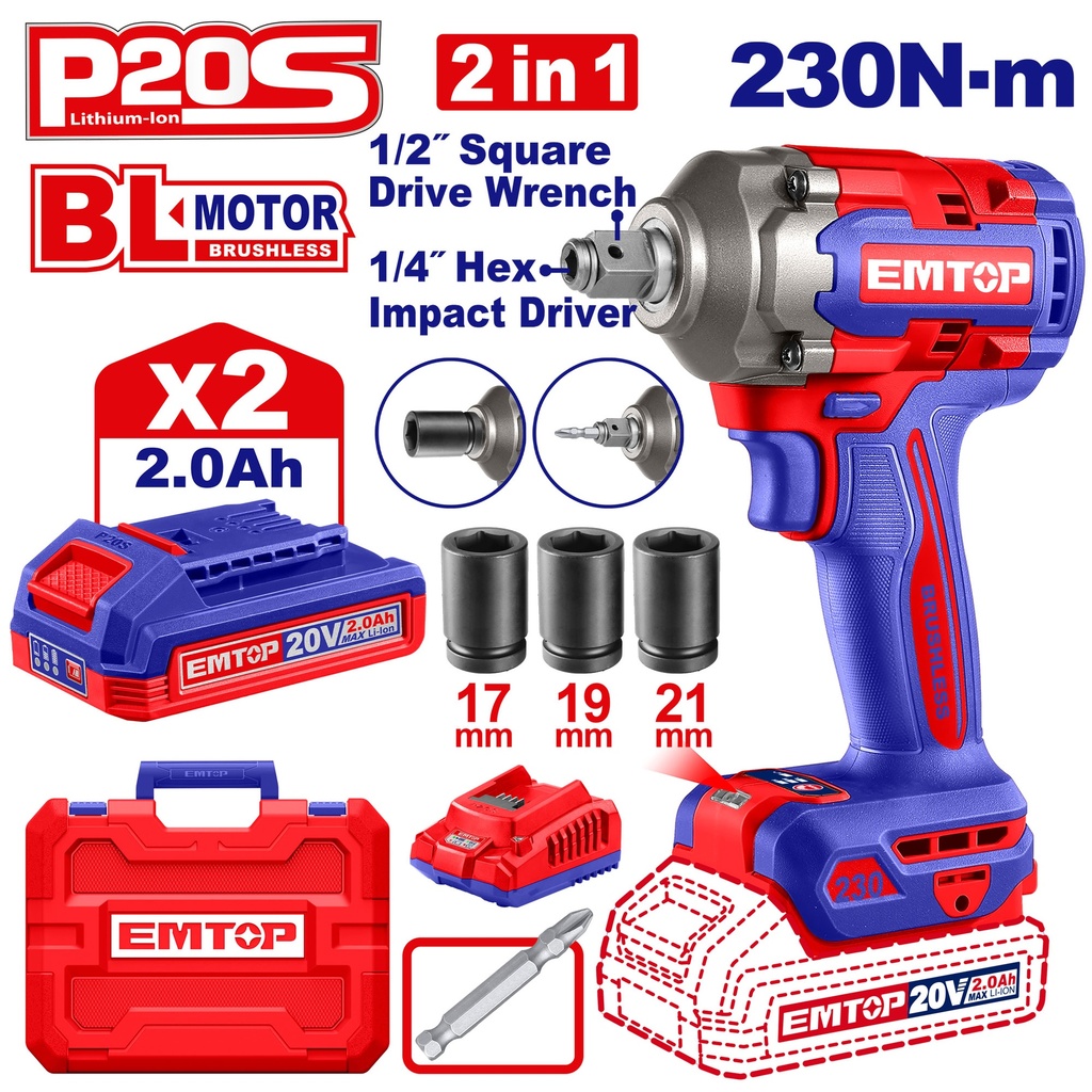  Chave de Impacto 1/2" e 1/4" (2 em 1) 20V - 230Nm com 2 Baterias 2,0 Ah 
