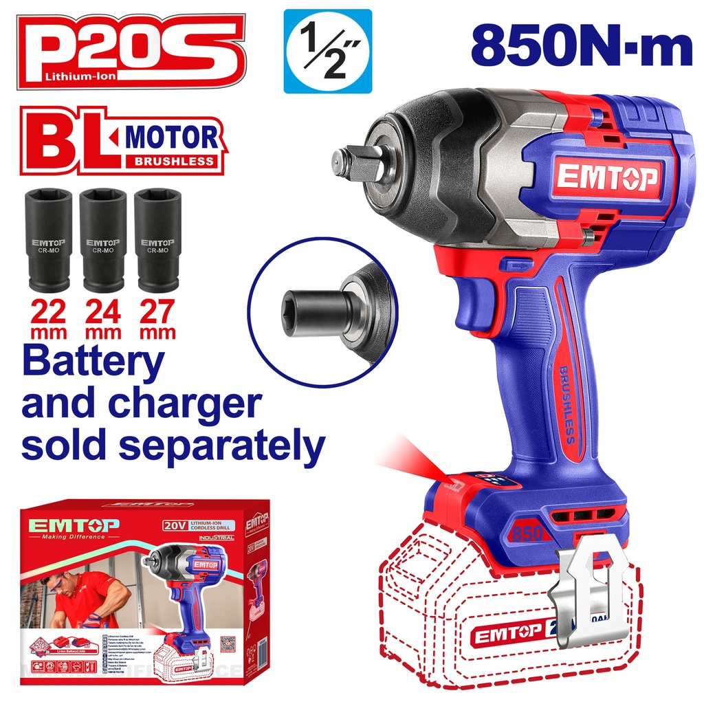 Chave de Impacto 1/2" - 20v - 850nm motor brushless s/Bateria