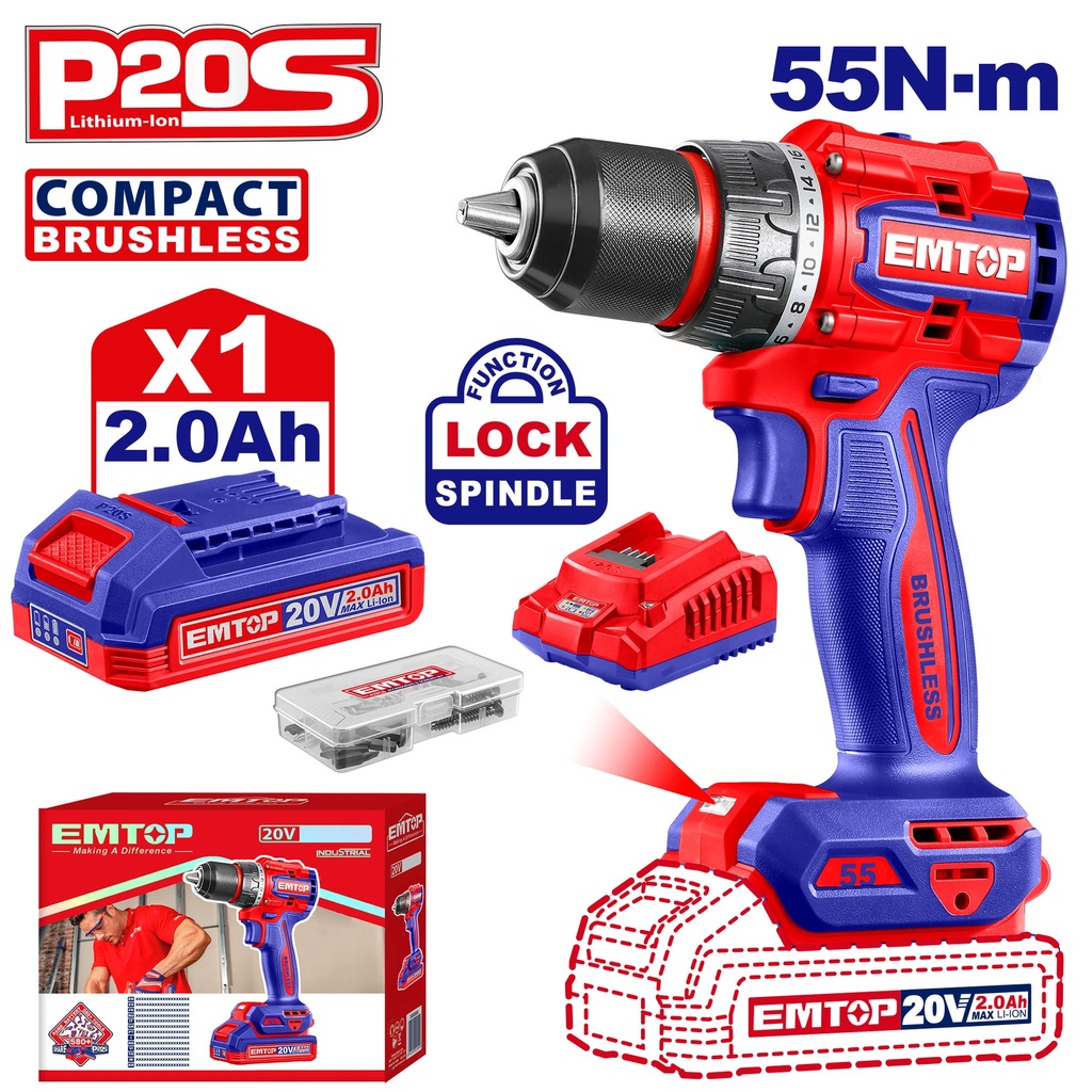 Furadeira/Parafusadeira Compacta sem Fio 20V - Motor Brushless 55Nm com 47 Acessórios 