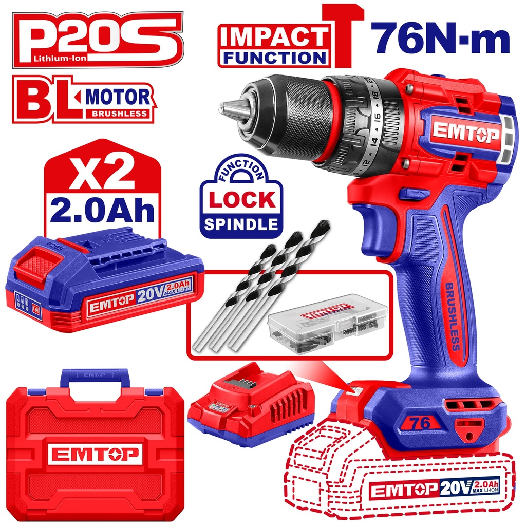 Parafusadeira de Impacto Compacta sem Fio 20V - Motor Brushless 76Nm com Kit Completo 