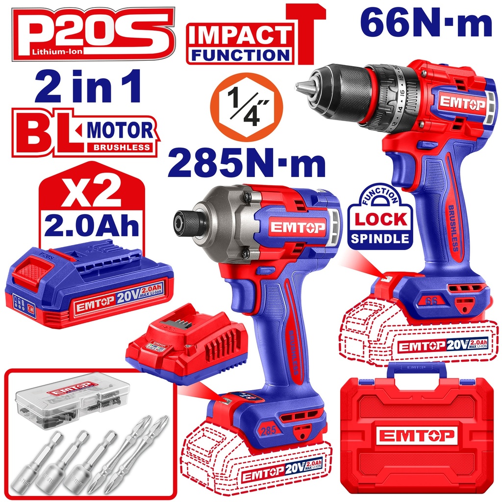 Kit Combinado sem Fio 2 Peças 20V - Broca de Impacto 66Nm e Chave de Impacto 285Nm com 2 Baterias 