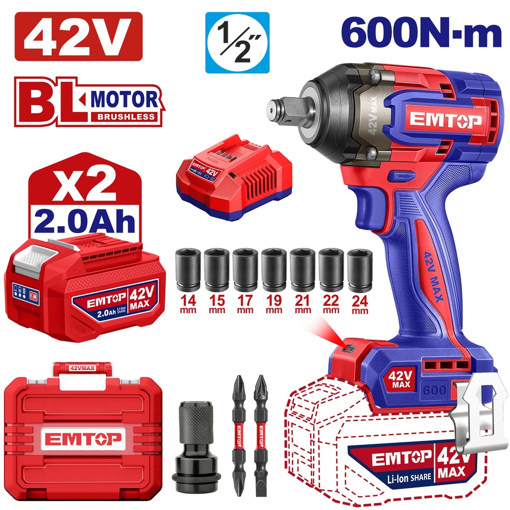 Chave de Impacto Sem Fio 42V - Motor Brushless 600Nm com 2 Baterias e Acessórios· 