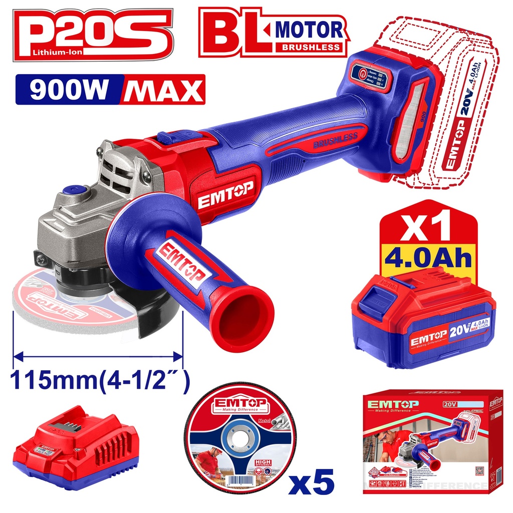 Lixadeira a Bateria 900W - 115mm 20V com Bateria 4,0Ah e Motor sem Escovas