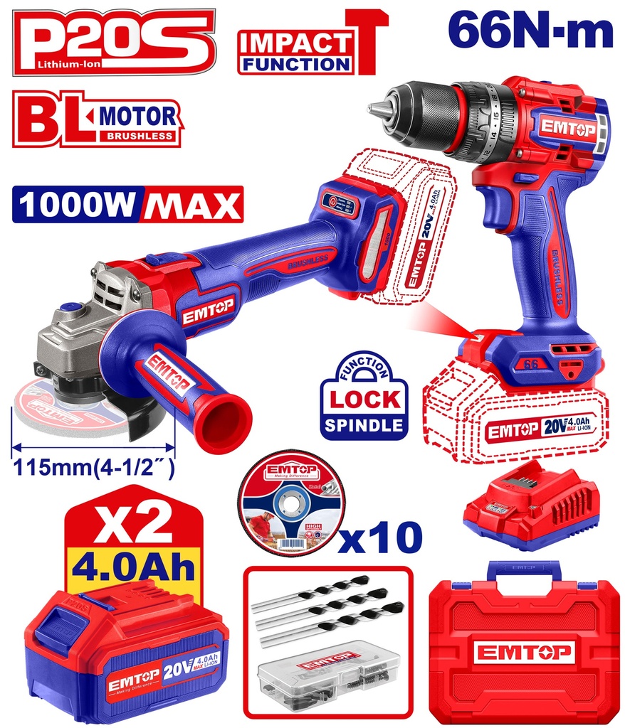 Kit Combinado sem Fio 2 Peças 20V - Esmerilhadora Angular e Furadeira de Impacto com 2 Baterias 4,0Ah 