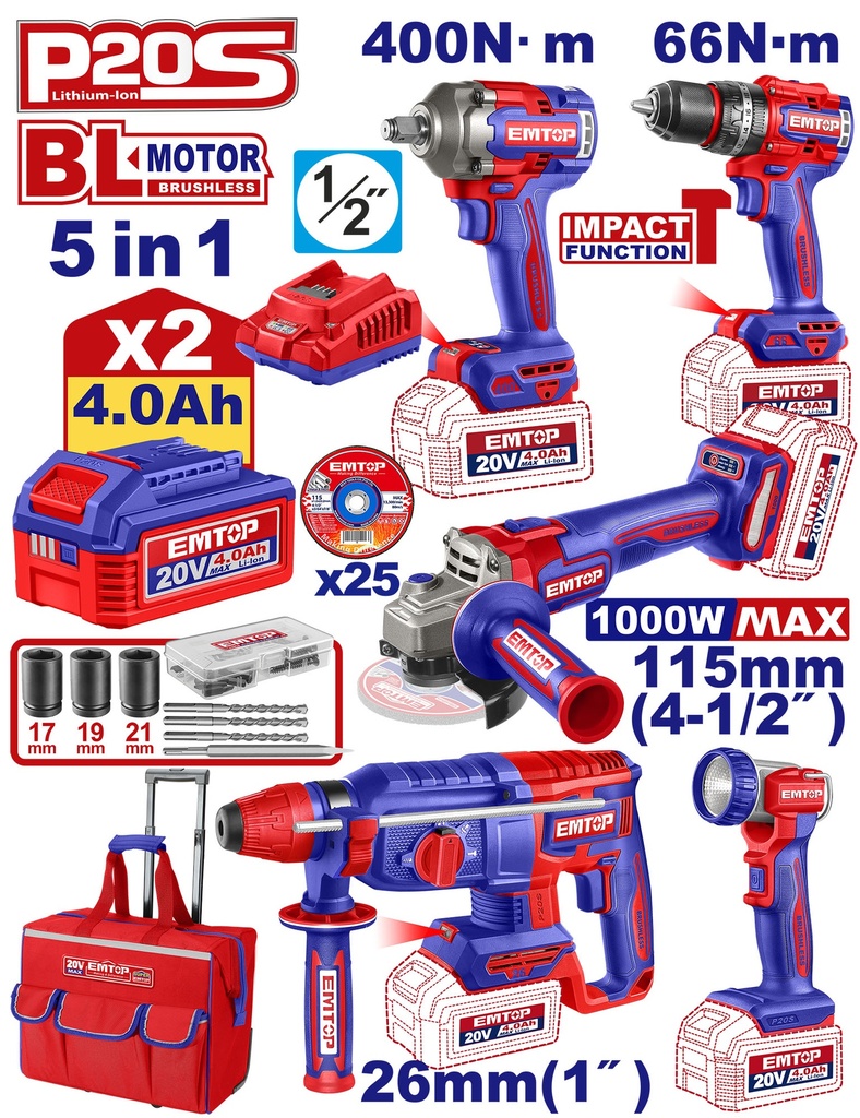 Kit Combinado Industrial Sem Fio 5 Peças 20V - Conjunto Completo com Martelo Perfurador, Esmerilhadora e Iluminação 