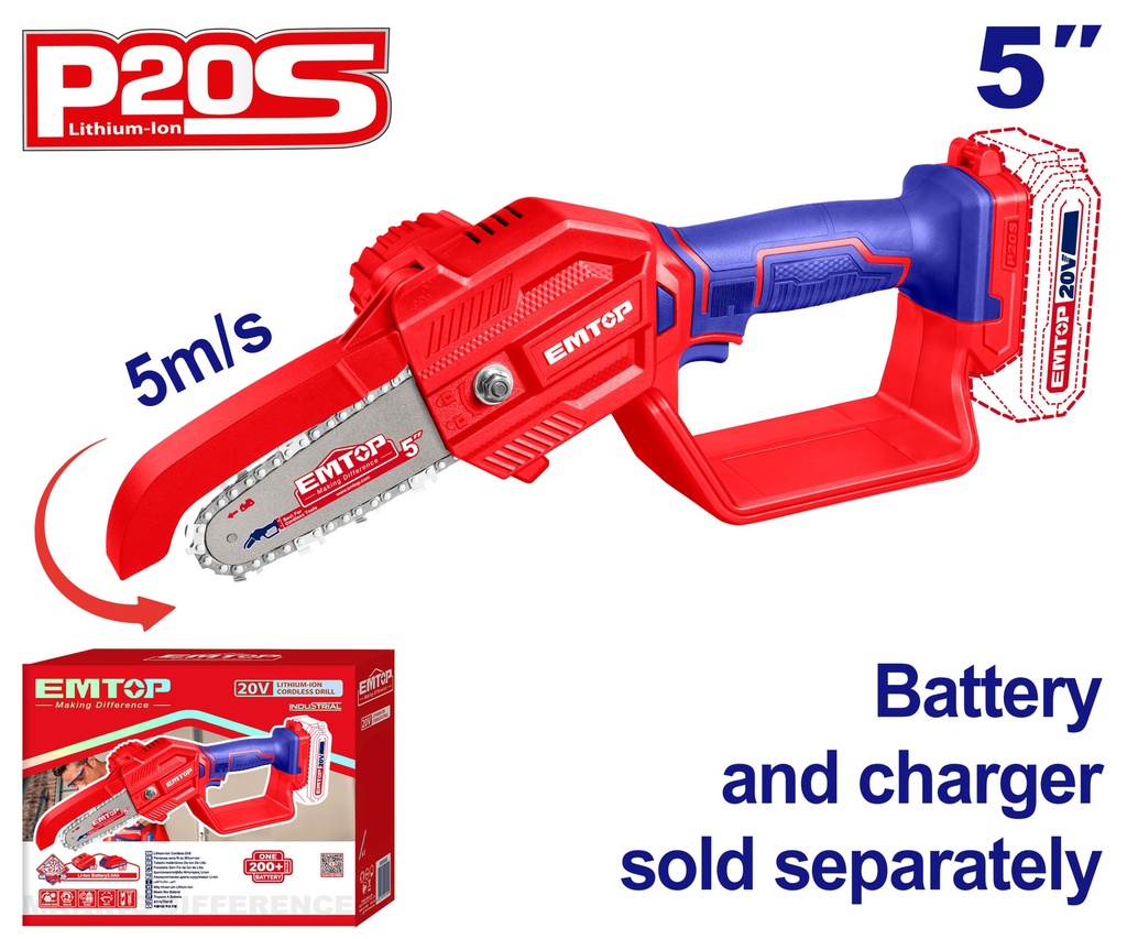 Serra de Podar sem Fio 20V - Barra de 5" (13cm) e Velocidade da Corrente de 5m/s 