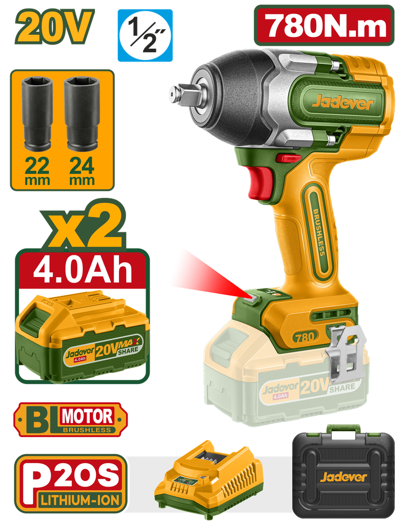 Chave de Impacto JADEVER 780Nm Brushless 20V - Kit com 2 Baterias 4,0Ah e Estojo de Transporte