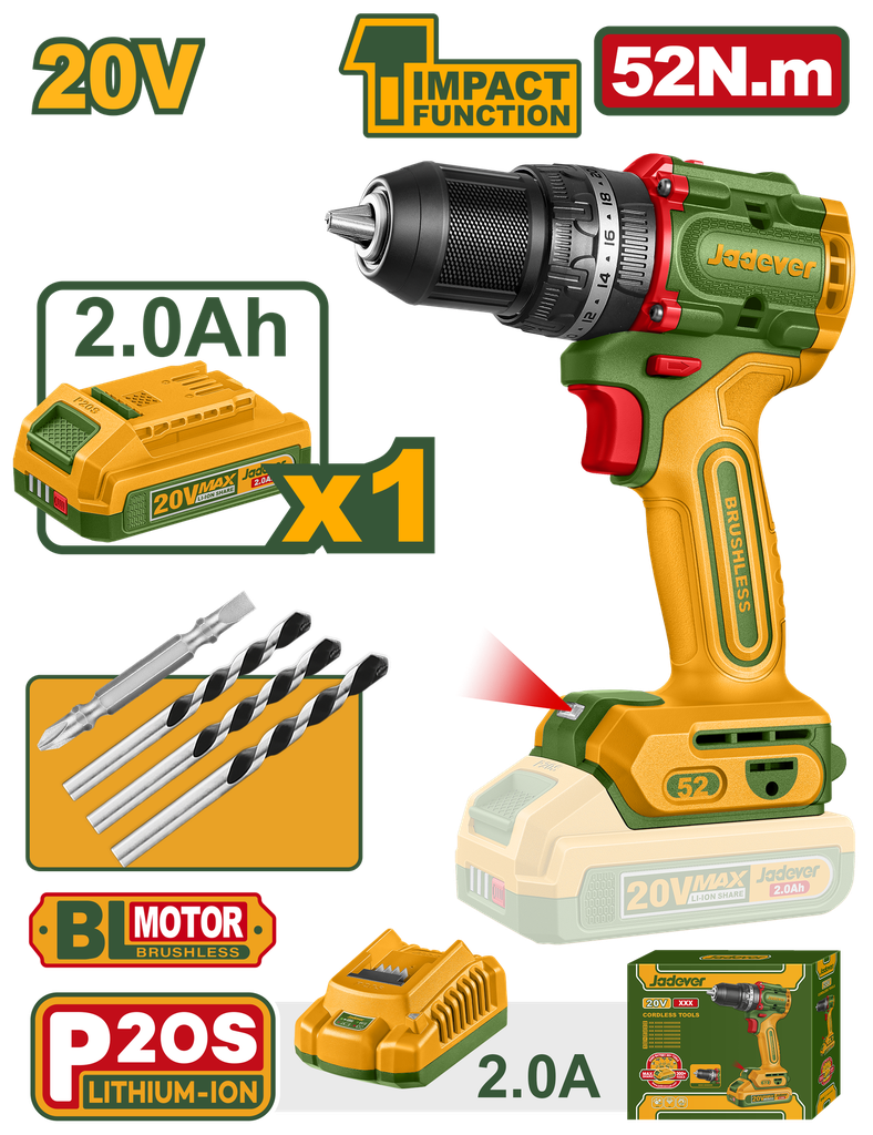 Furadeira de Impacto JADEVER sem Fio 20V - Motor Brushless 52Nm com Bateria e Carregador