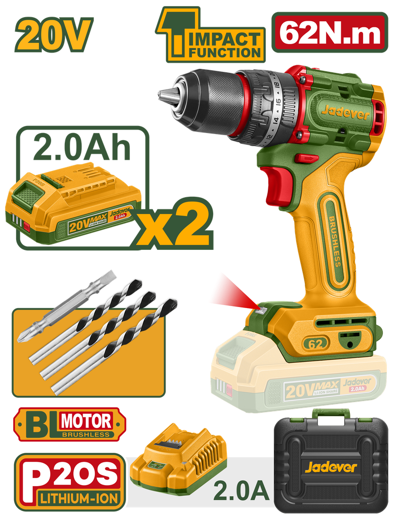 Furadeira de Impacto JADEVER 62Nm Brushless 20V - Kit com 2 Baterias 2,0Ah e Estojo de Transporte