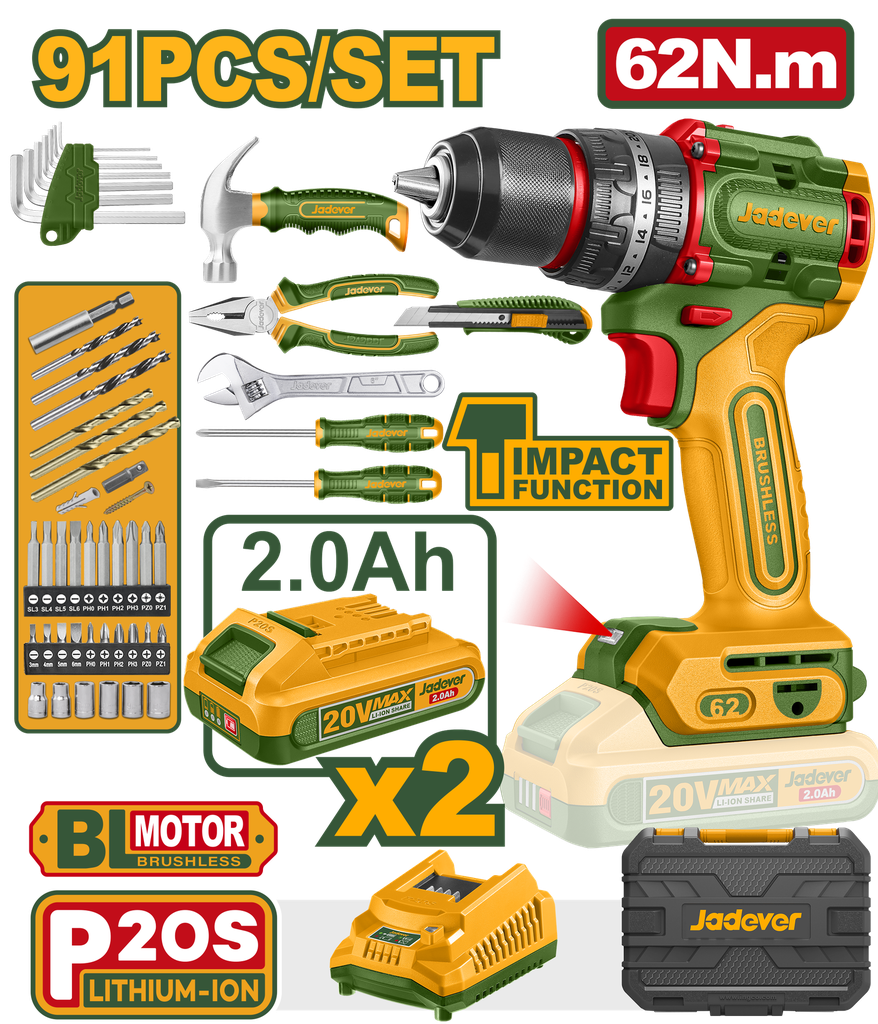 Kit Furadeira de Impacto JADEVER 62Nm Brushless 20V - 91 Peças com 2 Baterias 2,0Ah e Estojo