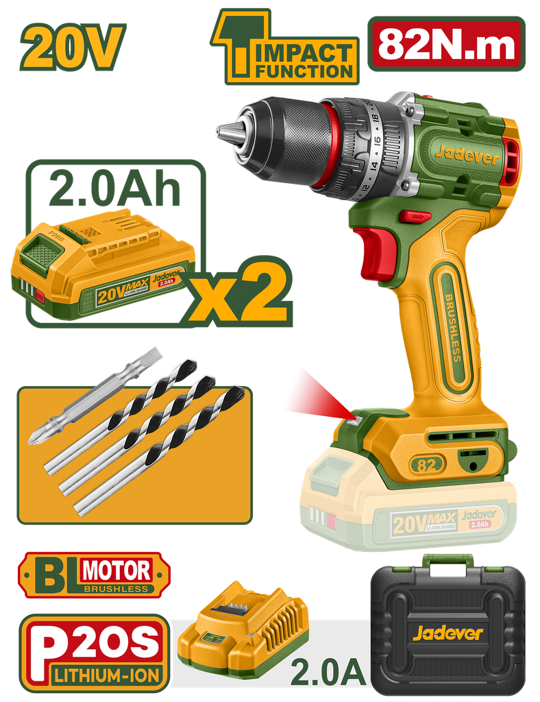 Furadeira de Impacto 82Nm Brushless 20V - Kit com 2 Baterias 2,0Ah e Estojo de Transporte