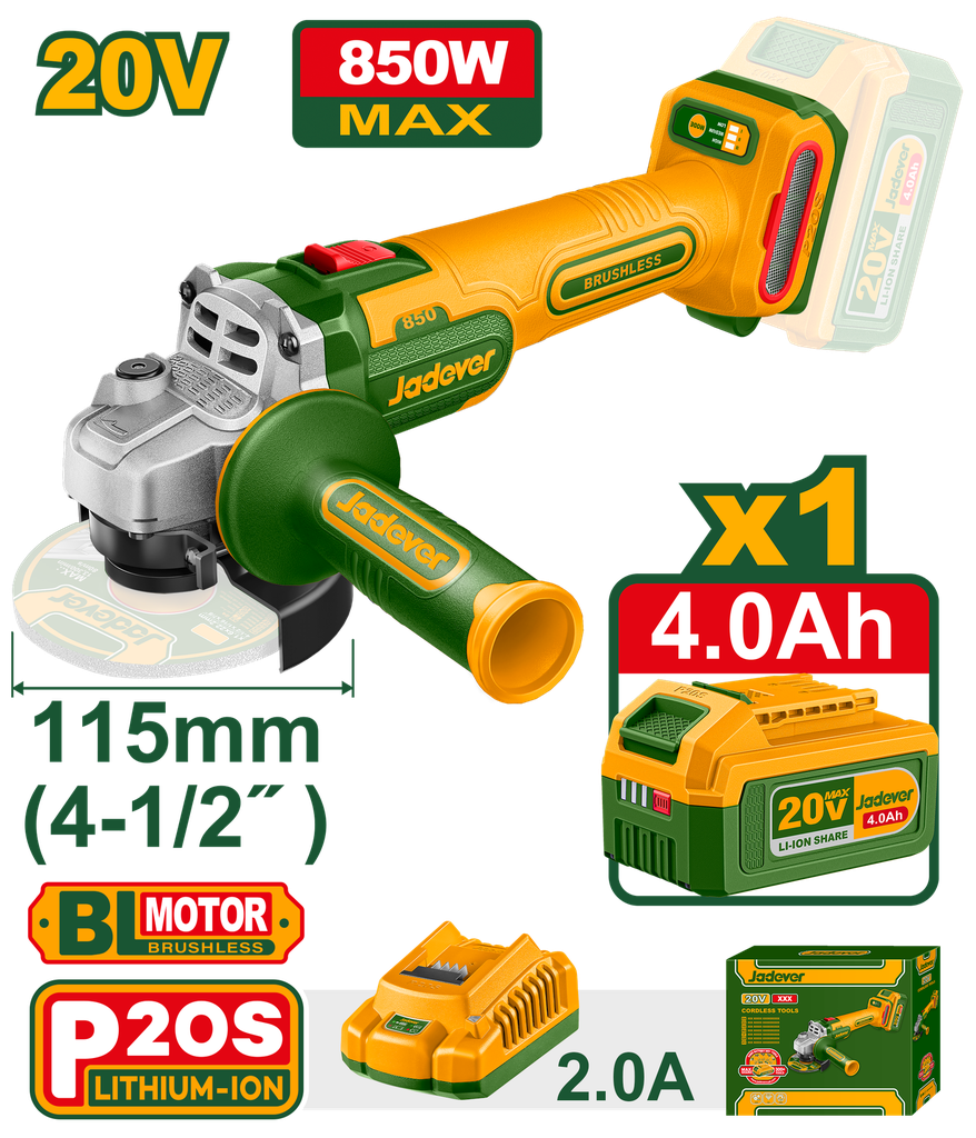 Esmerilhadora Angular JADEVER 20V 850W - 115mm Motor sem Escovas com Bateria 4,0Ah