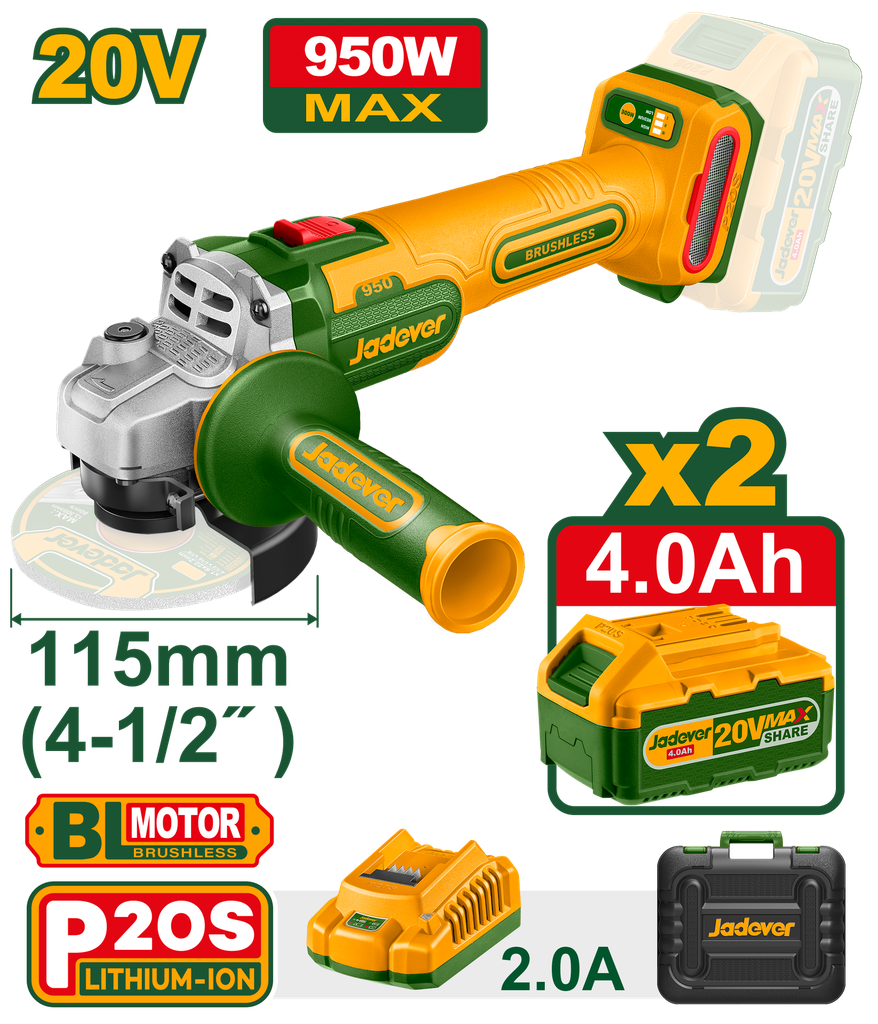 Esmerilhadora Angular JADEVER 20V 950W - 115mm Motor sem Escovas com 2 Baterias 4,0Ah