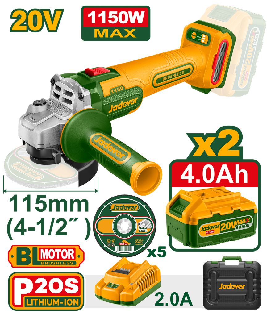 Esmerilhadora Angular 20V 1150W - 115mm Motor sem Escovas com 2 Baterias 4,0Ah e Discos de Corte