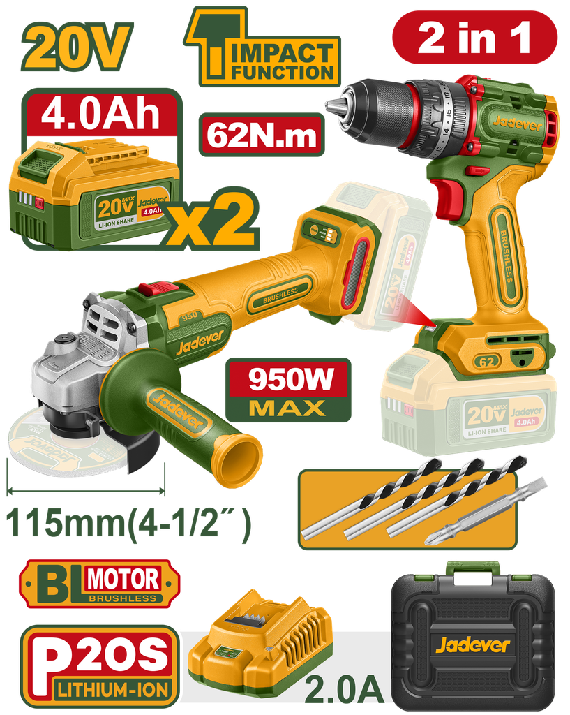 Kit Furadeira de Impacto 62Nm + Esmerilhadora Angular 950W 20V - Motor Brushless com 2 Baterias 4,0Ah