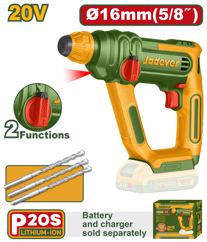 Martelo Rotativo Sem Fio 16mm 20V Sem Bateria - SDS Plus com 1,5J e Luz LED