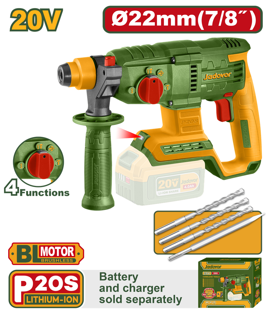 Martelo Rotativo JADEVER sem Fio 22mm 20V Sem Bateria - SDS Plus Motor sem Escovas 2,0J