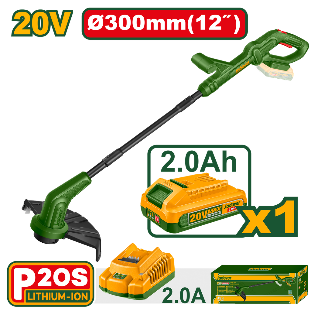 Bordeadora sem Fio JADEVER 20V - Corte 300mm com Bateria 2,0Ah e Carregador Inclusos