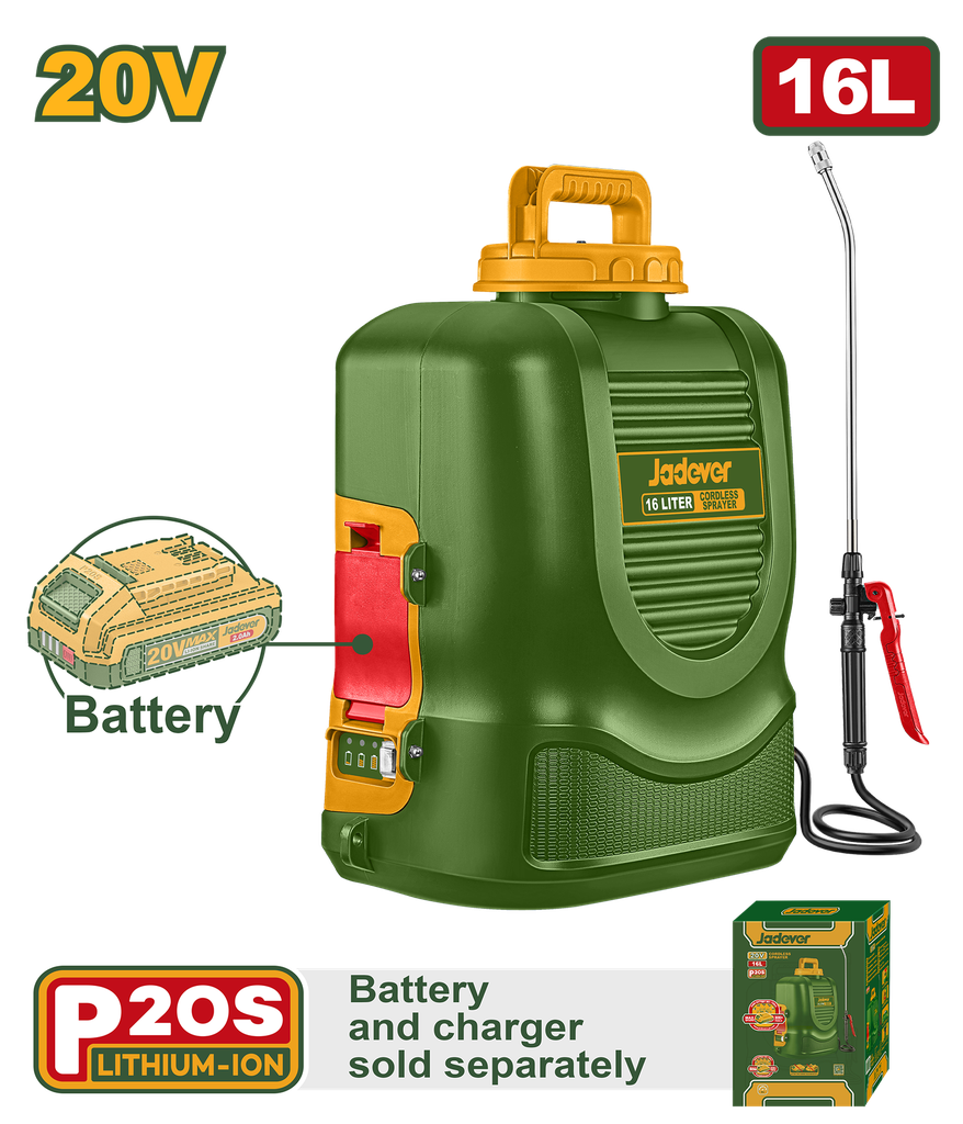 Pulverizador sem JADEVER Fio 20V Sem Bateria - 16L com Pressão 5BAR e Lança em Aço Inoxidável