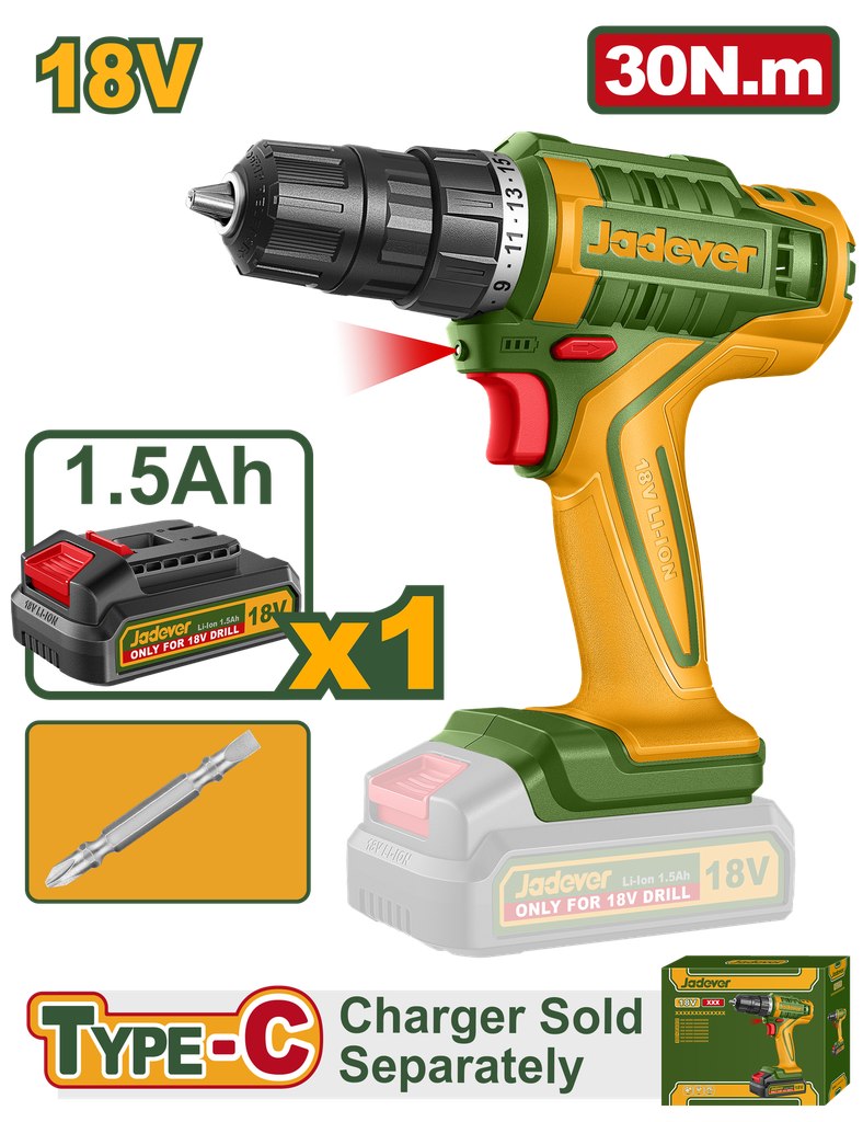 Furadeira sem Fio JADEVER 18V - 30Nm com Bateria e Carregamento USB-C