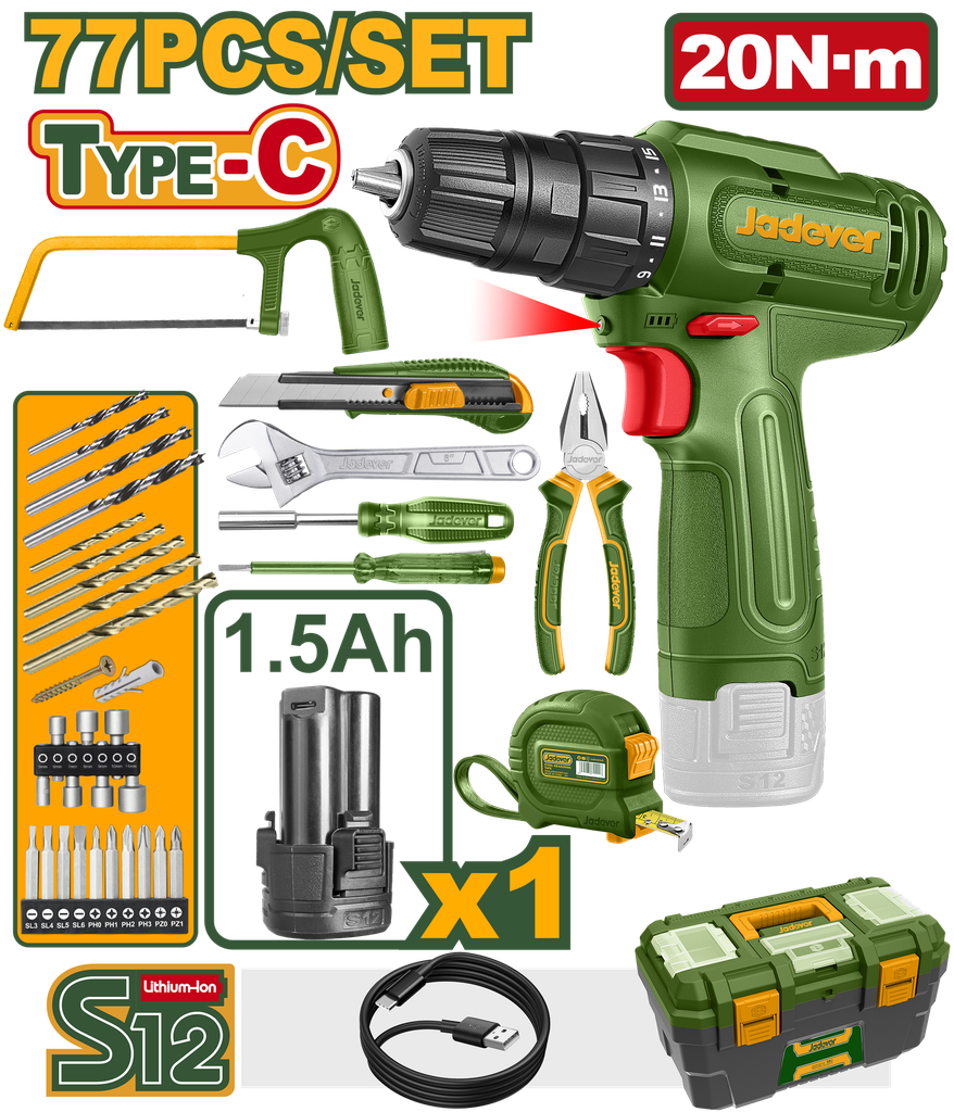 Kit Parafusadeira sem Fio JADEVER 12V em Caixa de Ferramentas - 77 Peças