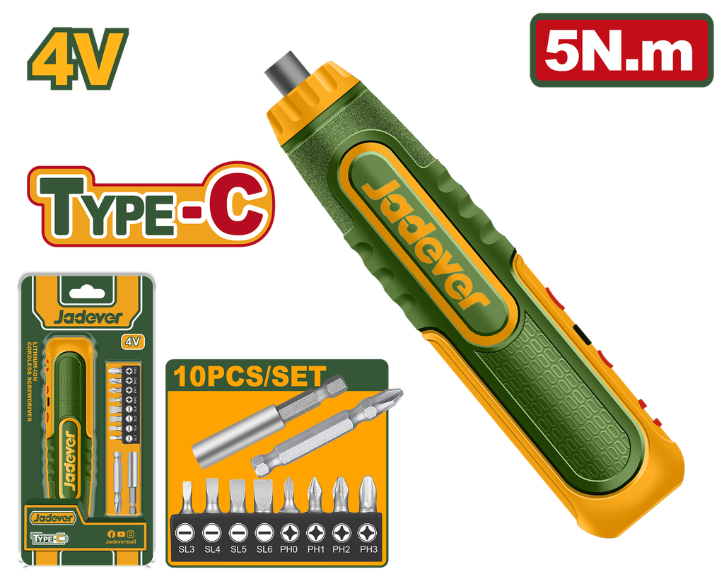 Parafusadeira sem Fio JADEVER 4V - 5 Nm com Pontas Cr-V e Carregamento USB-C
