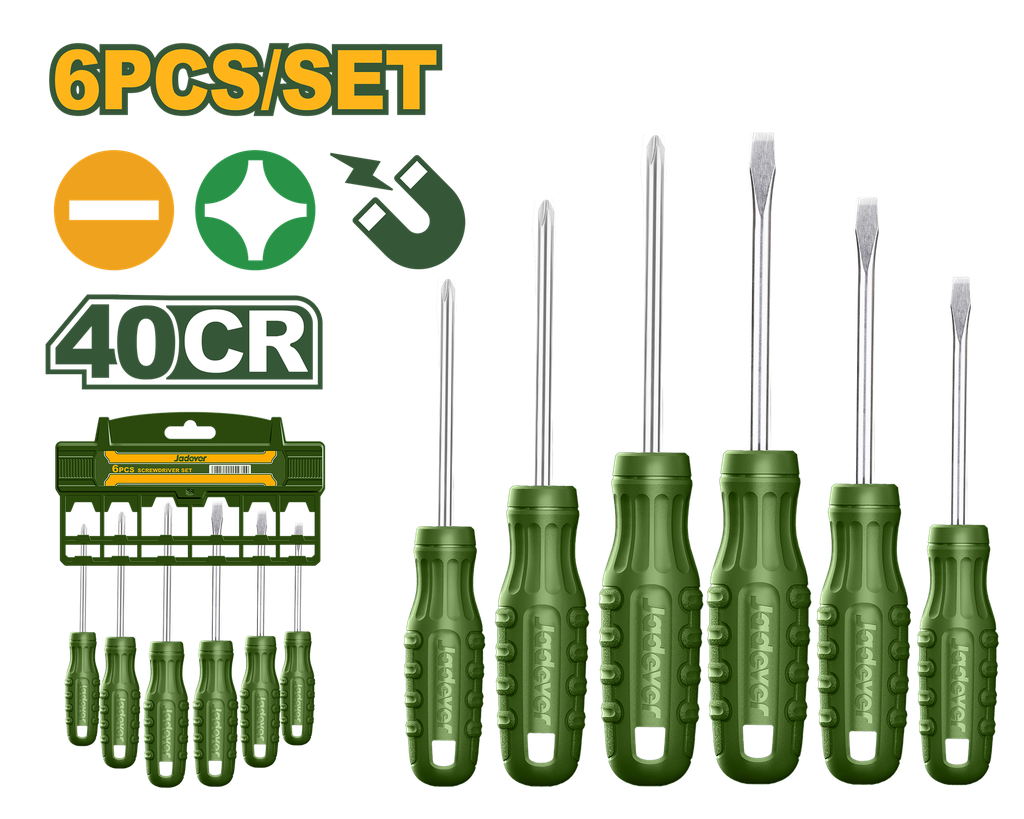 Jogo de Chaves de Fenda Jadever 6 Peças - Haste Redonda Aço 40Cr