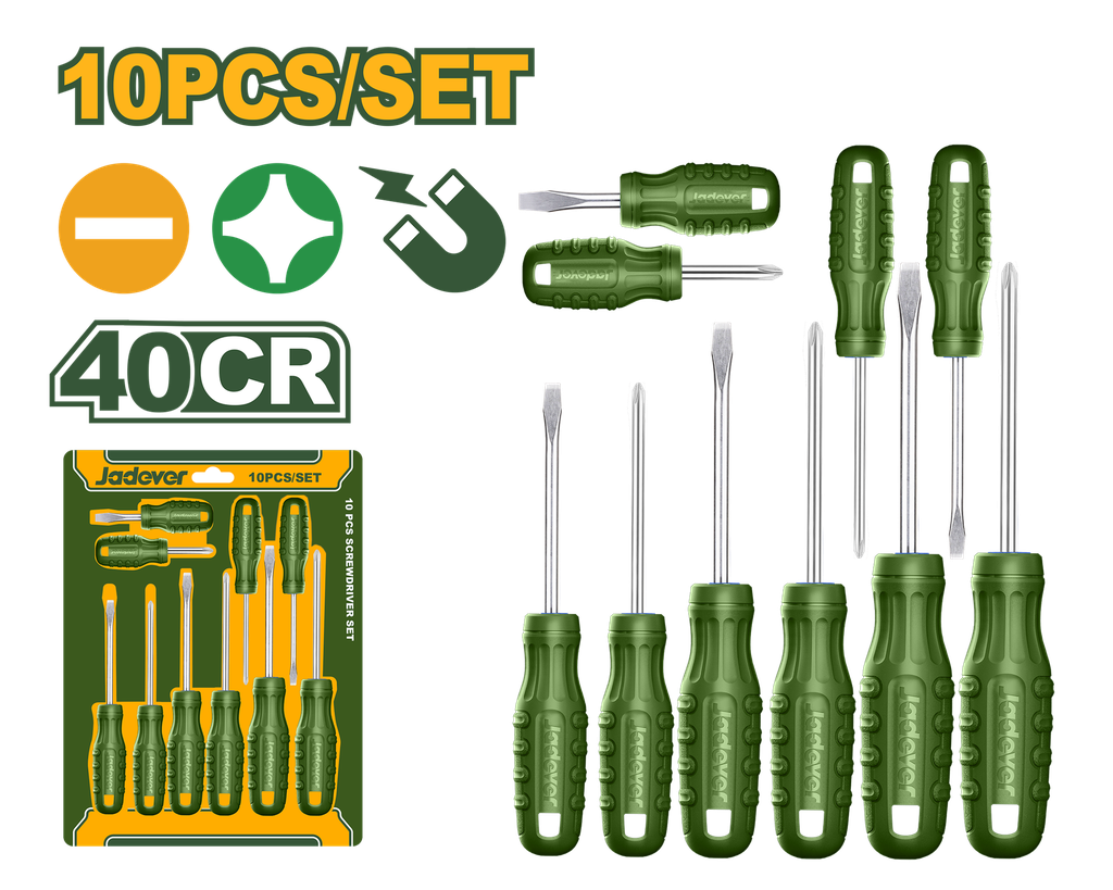 Jogo de Chaves de Fenda Jadever 8 Peças - Haste Redonda Aço 40Cr