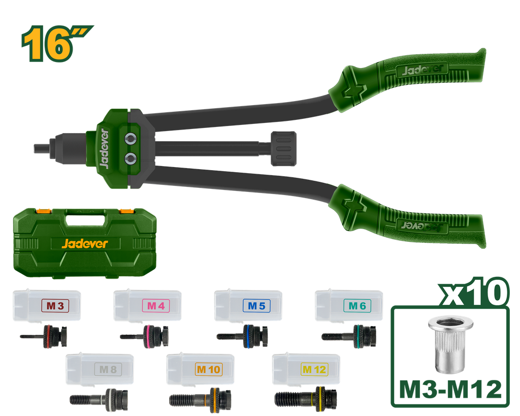 Pistola de Rebite - Remachadoras de 16" - Jadever - 7 Mandriles M3 a M12 com 70 Porcas de Reposição