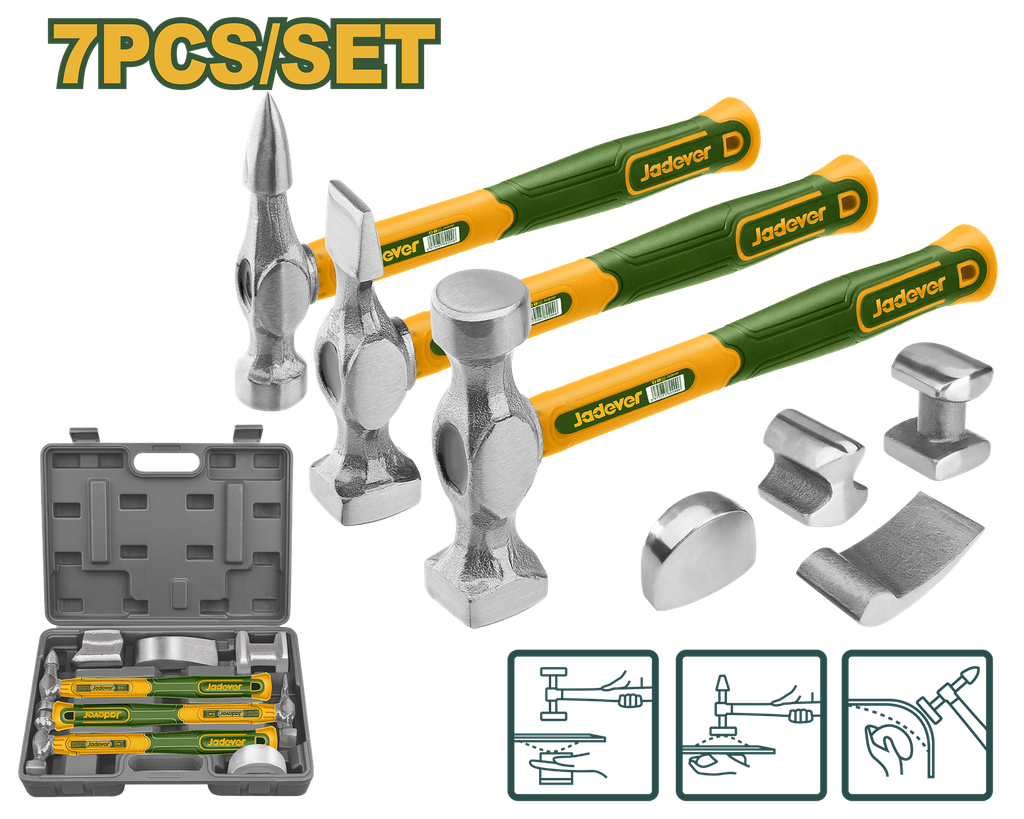 Jogo de 7 Peças para Funilaria - Jadever - Martelos e Dollys com Cabo de Nogueira Americana