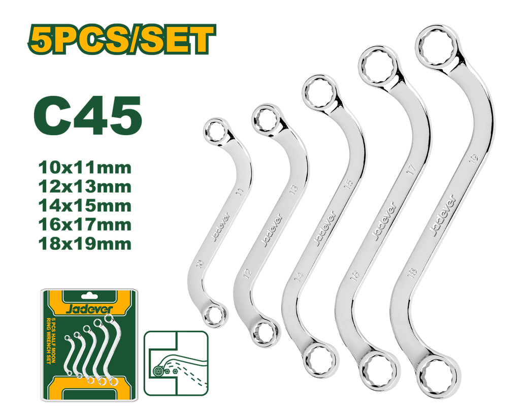 Jogo de Chaves de Anel Tipo S 5 Peças - Jadever - 8-22mm com Acabamento Polido