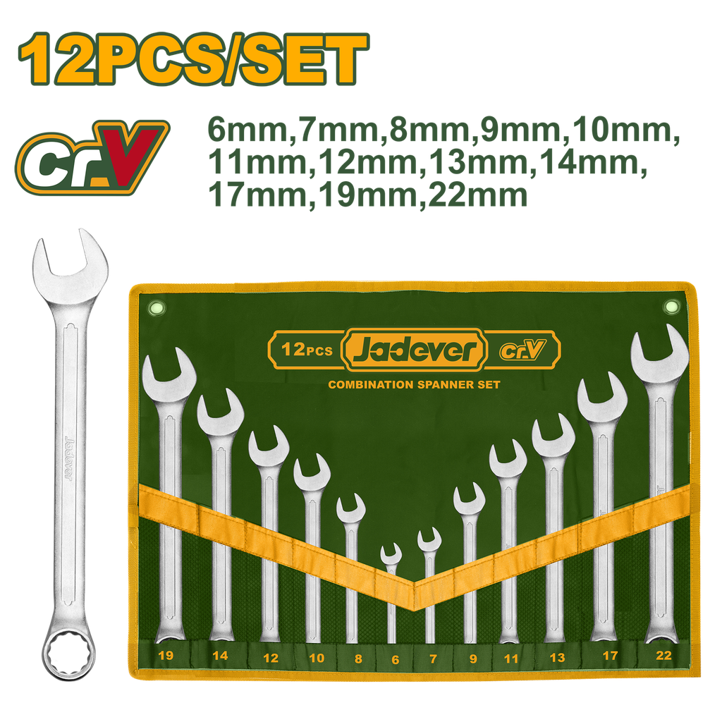 Jogo de Chaves Combinadas - Jadever - 12 Peças 6-22mm - Acabamento Cromado Mate em Cr-V