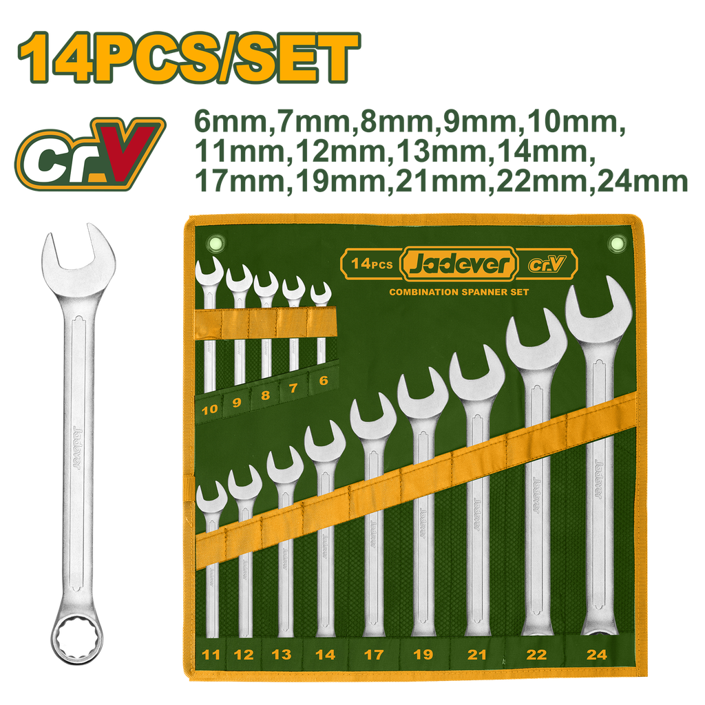 Jogo de Chaves Combinadas - Jadever -14 Peças 6-24mm - Acabamento Cromado Mate em Cr-V