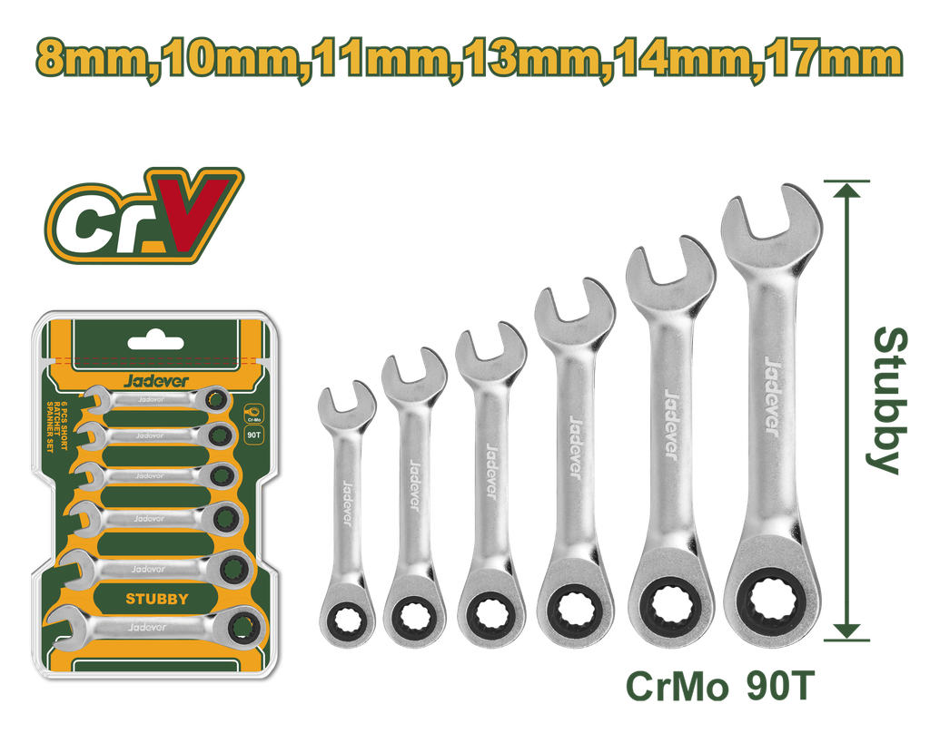 Jogo de Chaves Combinadas Curtas com Catraca - Jadever - 6 Peças 8-17mm - Trinquete 90 Dentes Cr-Mo