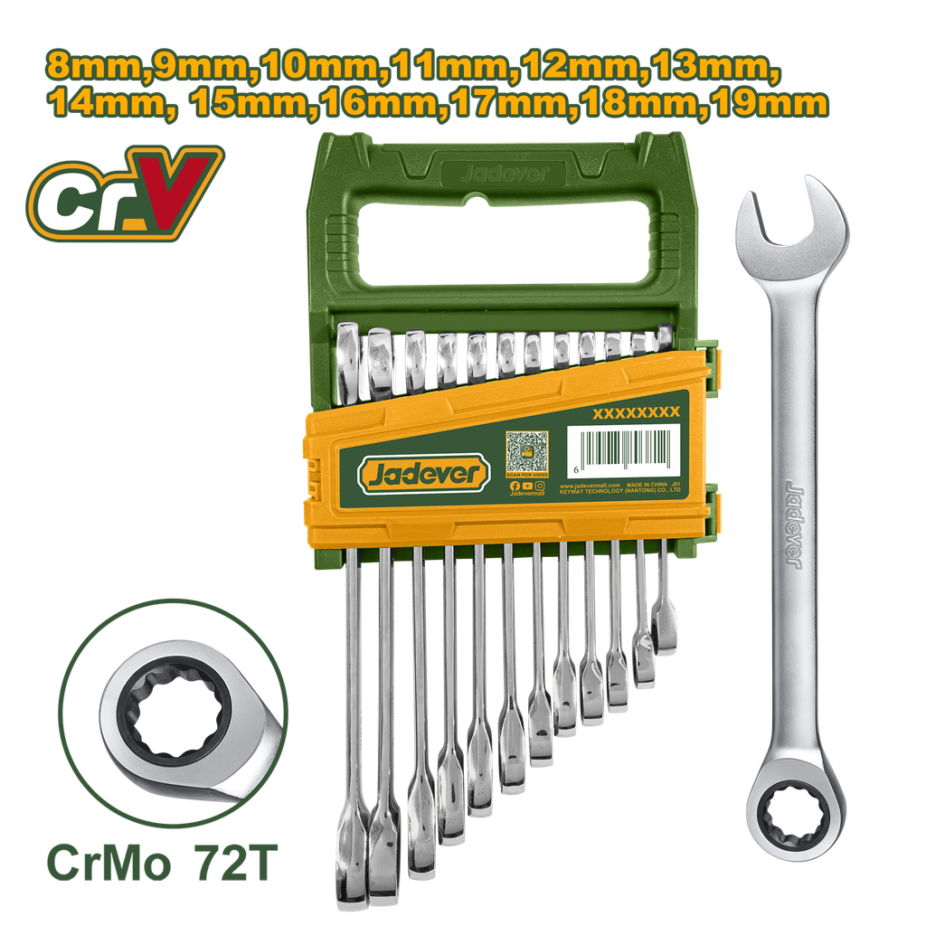 Jogo de Chaves Combinadas com Catraca - Jadever - 12 Peças 8-19mm - Trinquete Cr-Mo de Alta Qualidade