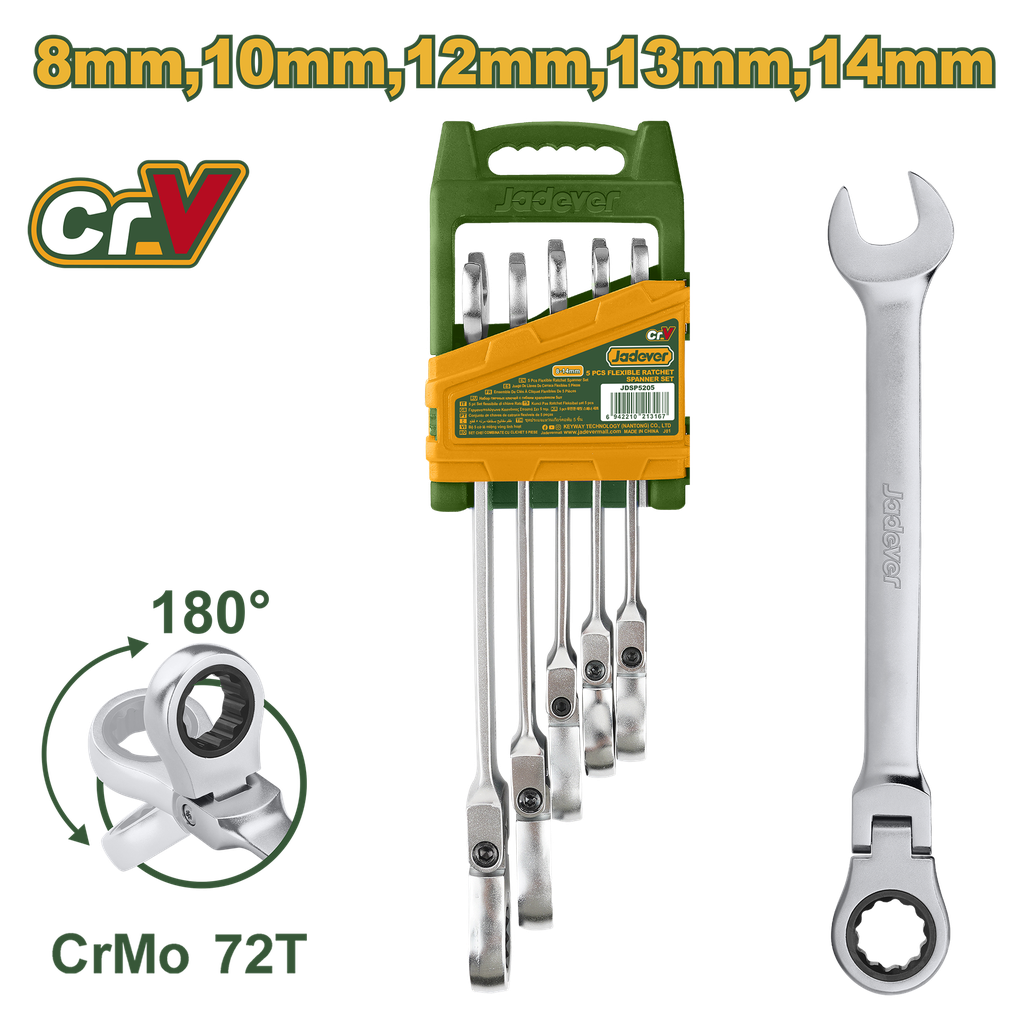 Jogo de Chaves Combinadas com Catraca Flexível - Jadever - 5 Peças 8-14mm - Cabeça Pivotante 180°