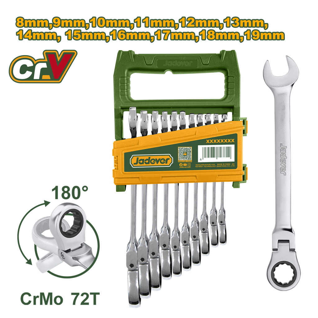 Jogo de Chaves Combinadas com Catraca Flexível - Jadever - 12 Peças 8-19mm - Trinquete Cr-Mo de Alta Qualidade