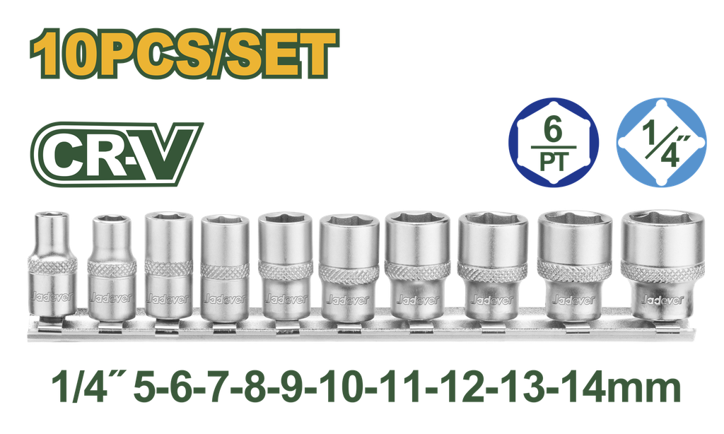 Jogo de 10 Peças de Soquetes 1/4" - Jadever - Aço Cr-V com Trilho de Armazenamento
