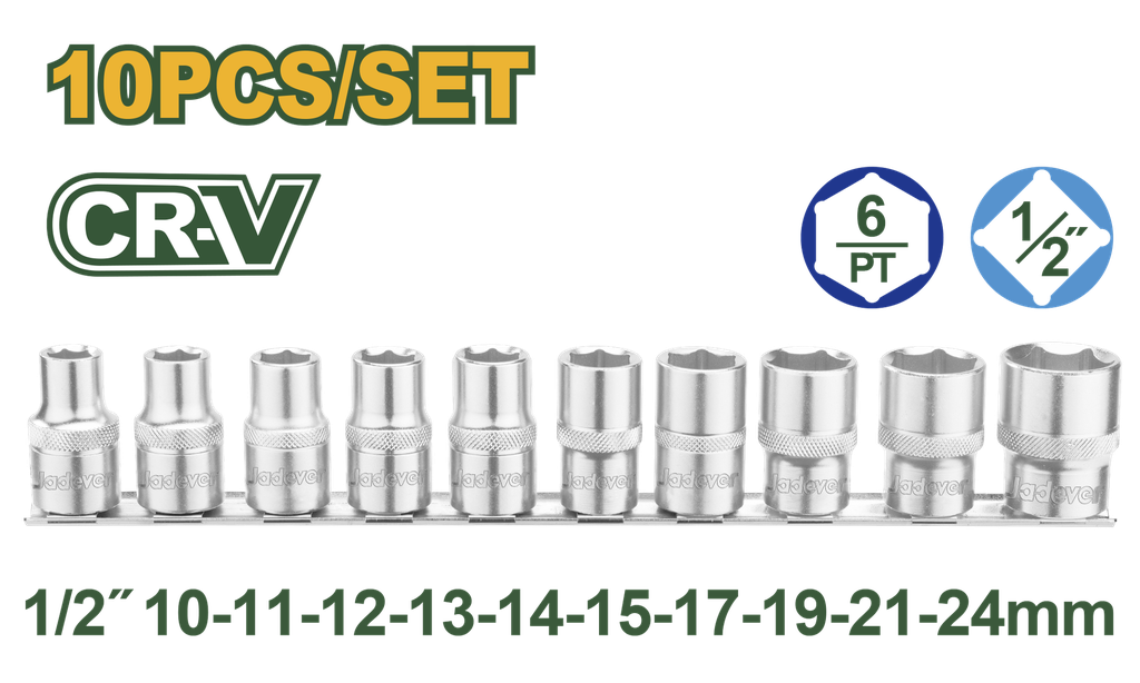 Jogo de 10 Peças de Soquetes 1/2" - Jadever - Aço Cr-V com Acabamento Cromado