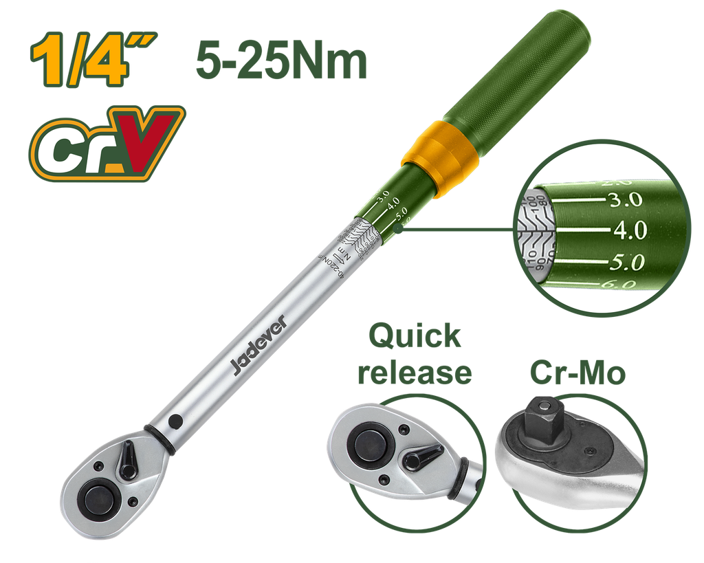 Torquímetro 1/4" 5-25Nm - Jadever - Acionamento 1/4" com Liberação Rápida e Precisão ±4%
