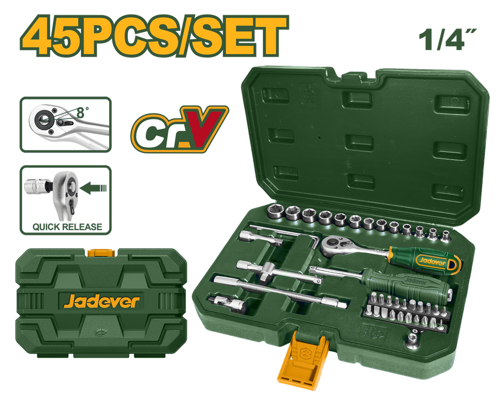 Jogo de Ferramentas 45 Peças 1/4" - Jadever - Soquetes, Pontas e Acessórios em Cr-V