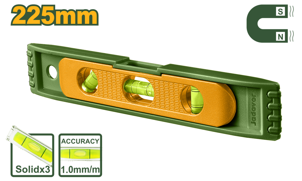 Mini Nível de Mão 225mm - Jadever - Com Imã e 3 Frascos em PP